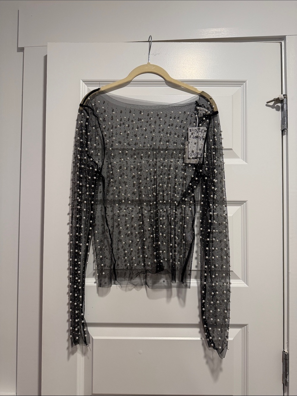 DAVI & DANI Gray Sheer Long-Sleeve Pearl-Embellished Top